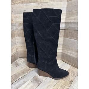 Lucky Brand LK-Preeka Waterproof Wedge Tall Boot Black Suede Size 8.5